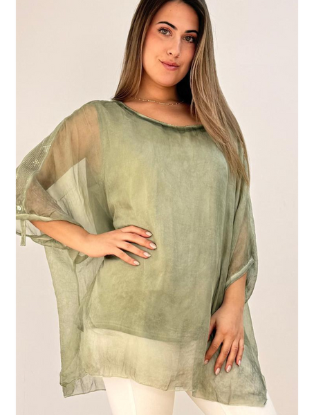 Blusón Oversize Gasa Verde Oliva Modelo Magnolia