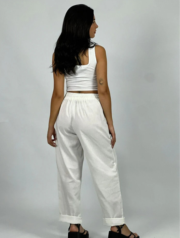 Pantalón de Lino Margaritas en Rodilla Modelo Beatriz