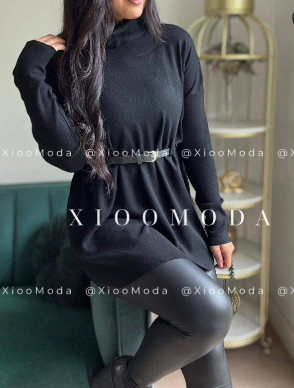 Sweater spandex Color Negro  con cinturon Modelo Carmina
