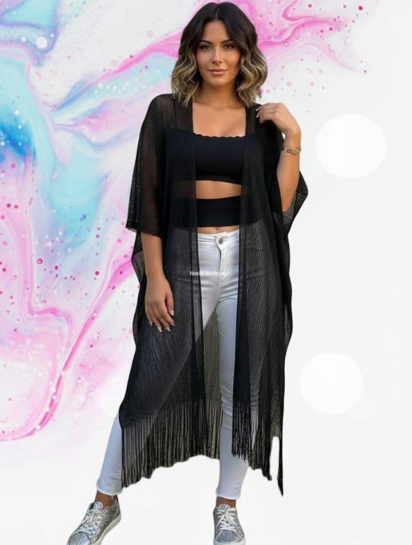 Kimono largo con flecos Modelo Rosario
