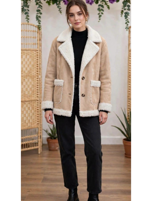 Abrigo Mujer Efecto Gamuza con Chiporro Beige Modelo Moscu