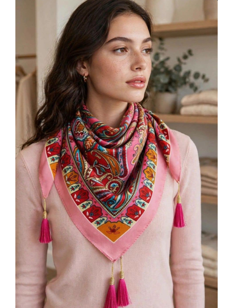 Pañuelo Estampado Rosa con Borlas