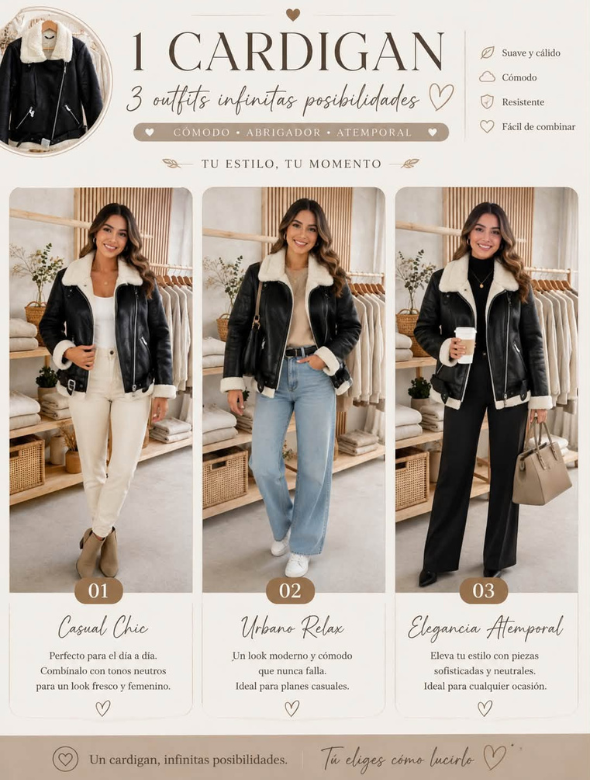 Chaqueta Aviador Negra de Cuero Sintético con Corderito Modelo Diana