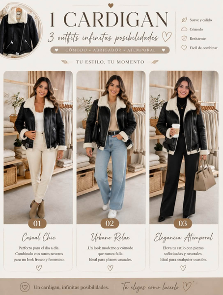 Chaqueta Aviador Negra de Cuero Sintético con Corderito Modelo Diana