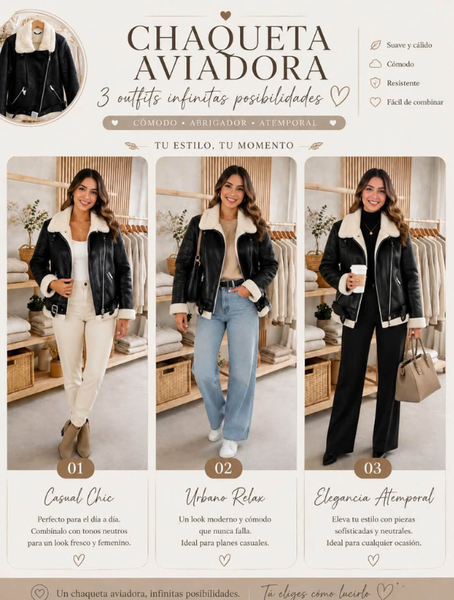 Chaqueta Aviador Negra de Cuero Sintético con Corderito Modelo Diana