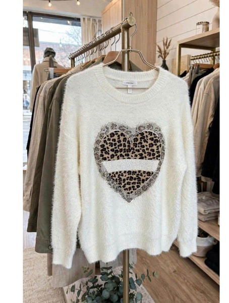 Sweater Cashmere Corazón Print con Brillos Color Blanco |Ellis Greys Boutique
