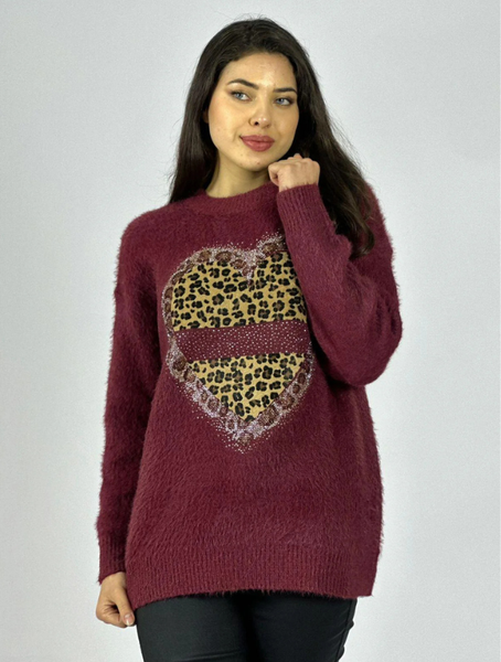 Sweater Cashmere Corazón Print con Brillos Color Burdeo |Ellis Greys Boutique