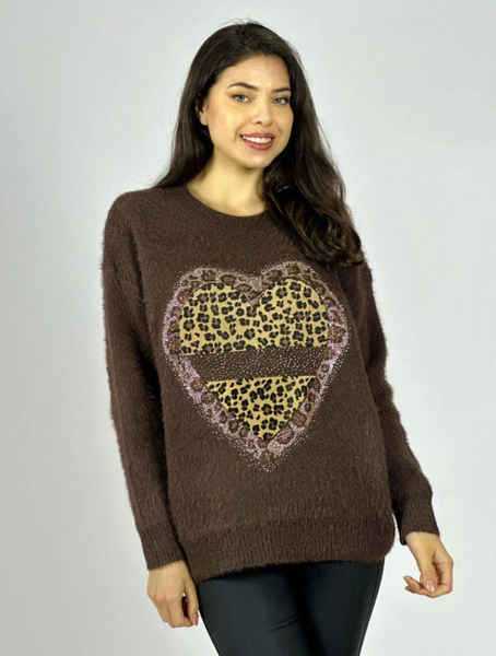 Sweater Cashmere Corazón Print con Brillos Color Chocolate |Ellis Greys Boutique