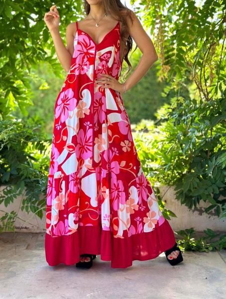 Maxi Vestido Estampado Mujer Modelo Barcelona Rojo