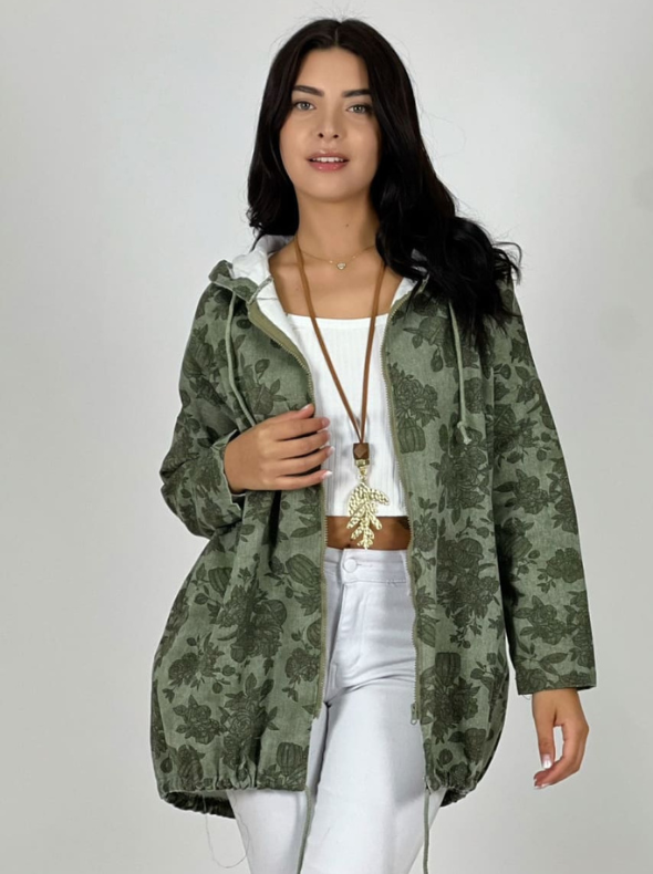 Chaqueta Mezclilla Mujer Estampada con Capucha y bolsillos Color Verde Modelo Galicia