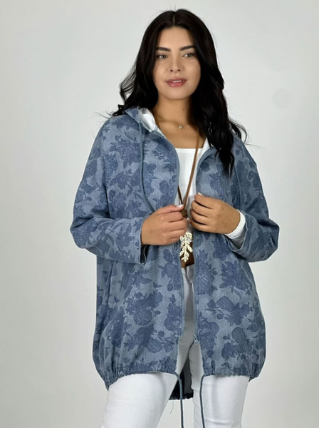 Chaqueta Mezclilla Mujer Estampada con Capucha y bolsillos Color Azul Modelo Galicia