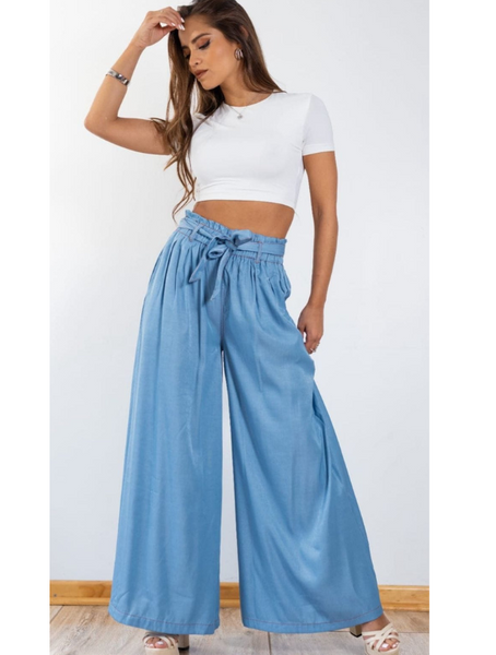 Pantalón Palazzo Mezclilla con Amarre  Modelo Francisca