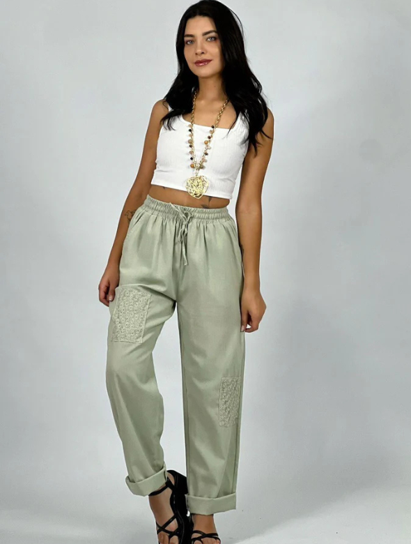 Pantalón de Lino Margaritas en Rodilla Modelo Beatriz