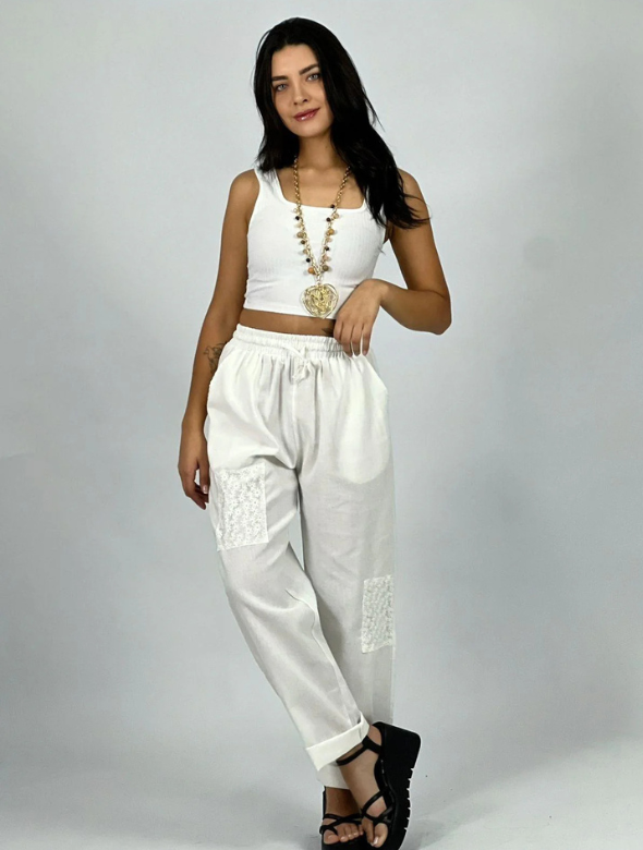 Pantalón de Lino Margaritas en Rodilla Modelo Beatriz