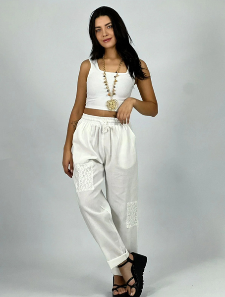 Pantalón de Lino Margaritas en Rodilla Modelo Beatriz
