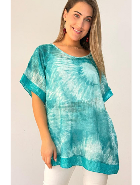 Blusa Tie-Dye Turquesa con aplicaciones  Brillantes Modelo  Simone