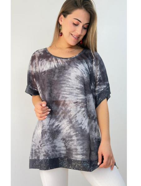 Blusa Tie-Dye Negro  con aplicaciones Brillantes Modelo Simone