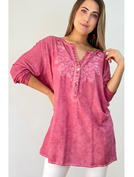 Blusa Rosa Vintage con Bordado Floral