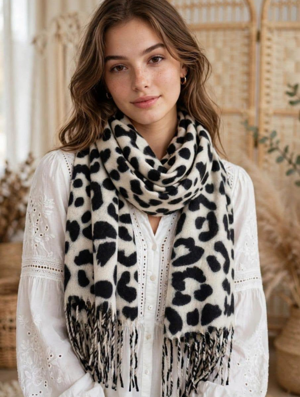 Bufanda Mujer Animal Print Beige y Negro