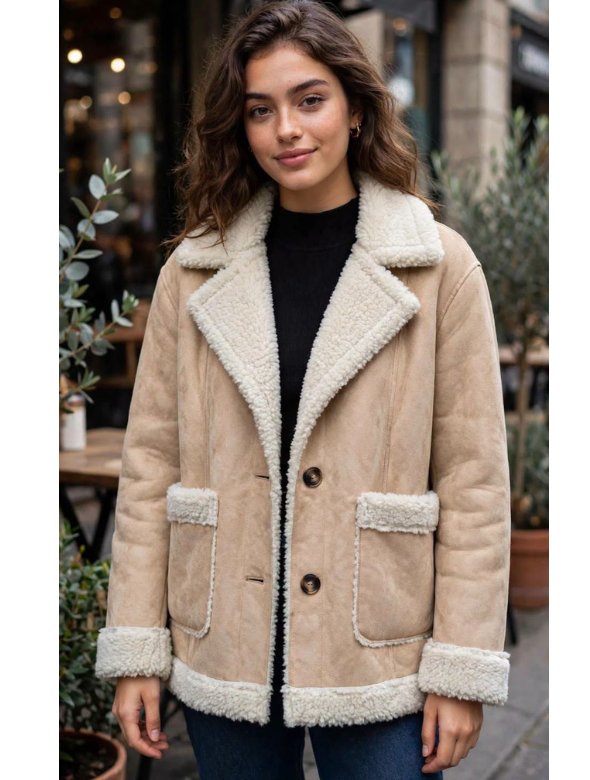 Abrigo Mujer Efecto Gamuza con Chiporro Beige Modelo Moscu