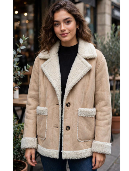 Abrigo Mujer Efecto Gamuza con Chiporro Beige Modelo Moscu