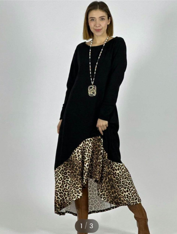 Vestido Negro Asimétrico con Estampado Animal Print Modelo Monica