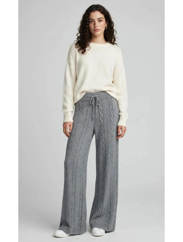 Pantalón Tejido Gris de Pierna Ancha Modelo Luana