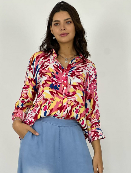 Blusa  Mujer Estampado De Hojas Colores Modelo Lucrecia