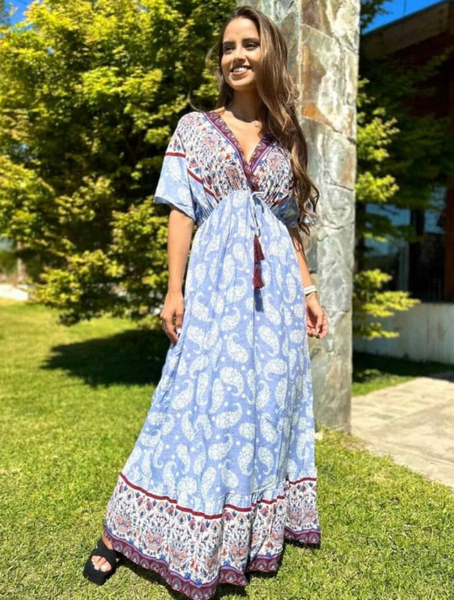 Vestido Largo Mujer Color Celeste Modelo Minerva