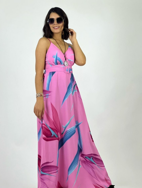 Maxi Vestido Estampado Colorido Con Tirantes Cinturón Marbella