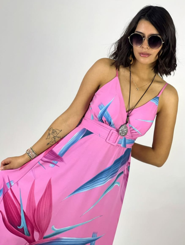 Maxi Vestido Estampado Colorido Con Tirantes Cinturón Marbella