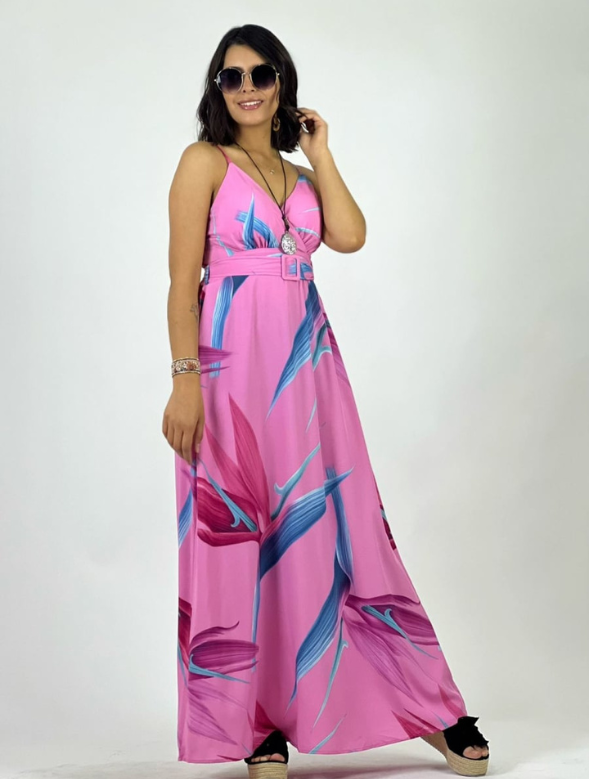 Maxi Vestido Estampado Colorido Con Tirantes Cinturón Marbella