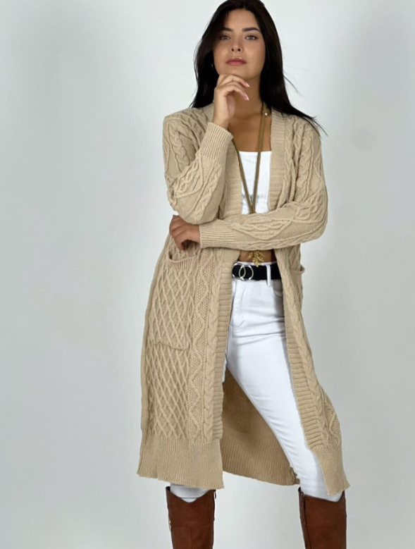 Cardigan Tapado Mujer Con Bolsillos Diseño Relieve Modelo Monserrat