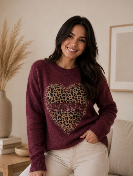 Sweater Cashmere Corazón Print con Brillos Color Burdeo |Ellis Greys Boutique