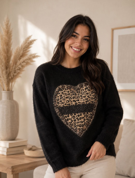 Sweater Cashmere Corazón Print con Brillos Color Negro |Ellis Greys Boutique
