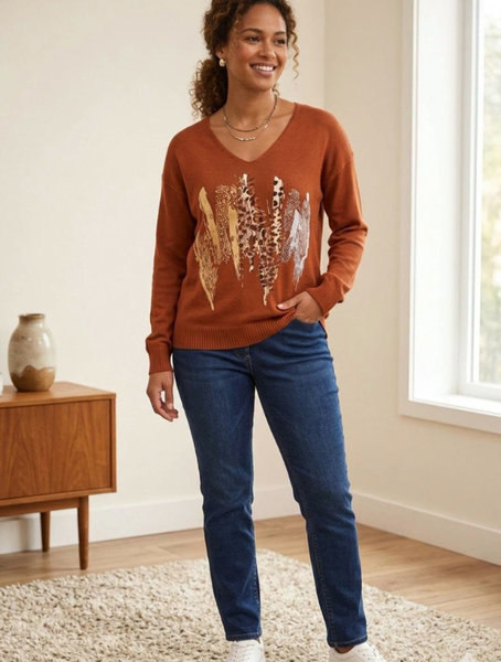 Sweater Mujer Café Estampado Animal Print y Detalles Dorados Modelo Alonsa  | Ellis Greys Boutique