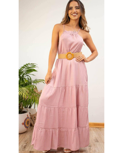 Vestido Largo Con Cinturon Color Rosa Modelo Simone