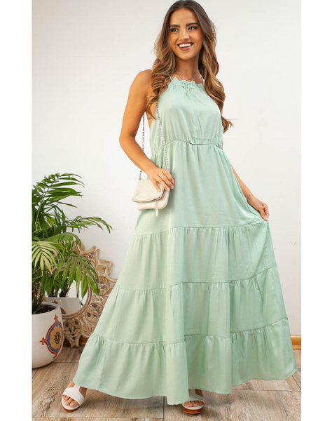 Vestido Largo Con Cinturón Color Menta Modelo Simone