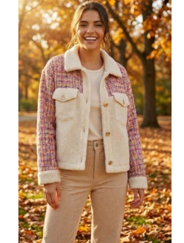 Chaqueta Mujer Bouclé con Chiporro Rosa y Crudo