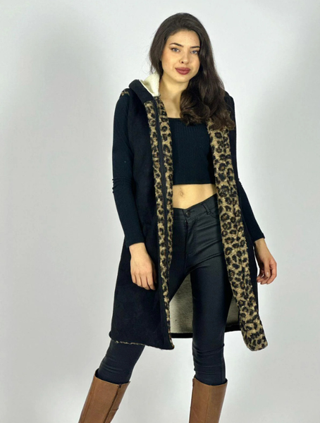 Chaqueta Sin Mangas Mujer con Chiporro Animal Print Negra